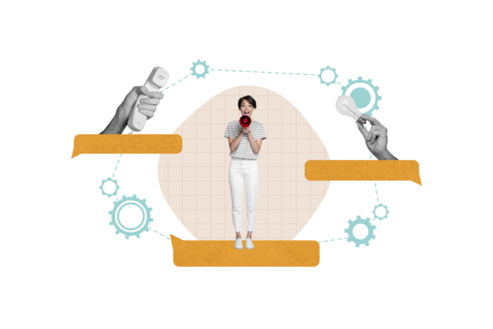 3d retro creative artwork template collage of excited boss asking successful working start up ideas isolated beige color background