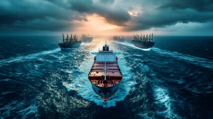A fleet of cargo ships navigating through turbulent waters at sunset, showcasing industrial maritime transport and global trade under dramatic skies.