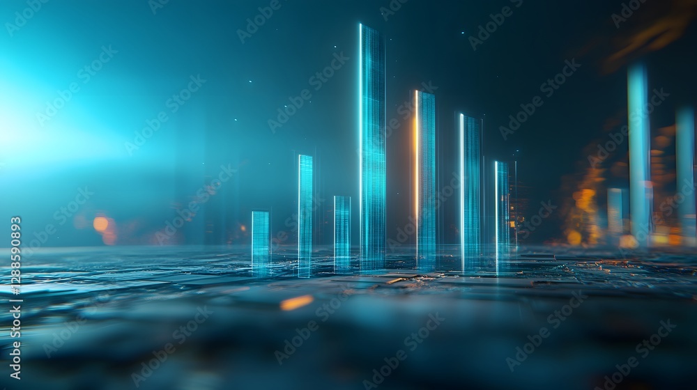 Poster a futuristic digital landscape featuring glowing tall bars rising from a reflective surface, creatin