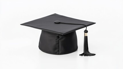 A classic black graduation cap sits on a white surface, symbolizing academic achievement and celebration. goal of life achievement learning. success,
