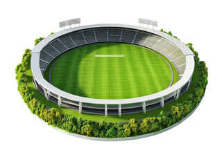 Modern Cricket Stadium Design: Aerial View of a Lush Green Cricket Ground with Seating and Landscaping