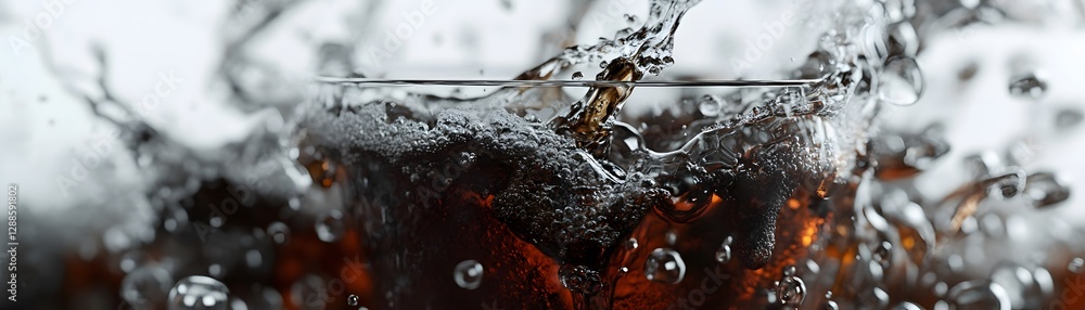 Poster a refreshing glass of dark soda splashing with bubbles. the drink's caramel color contrasts beautifu