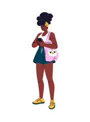 African American woman holds canvas bag on shoulder, texting on phone. Happy black girl in fashion summer outfit, stylish clothes with smartphone in hands. Flat isolated vector illustration on white