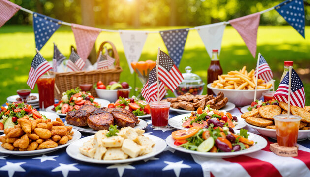 Festive 4th of July picnic table with American food. chef's dish, barbecue, farm