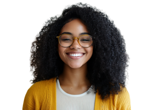 Portrait of a Happy Young Woman with Curly Hair and Glasses Smiling Brightly, Yellow Cardigan, Natural Beauty - Powered by Adobe