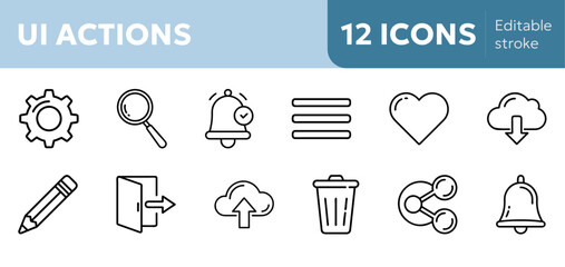 UI icons settings, search, menu, home, notification,  logout, upload, download, edit, delete, share, like