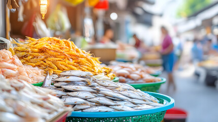 Fototapeta premium Fresh seafood displayed in baskets at an outdoor market. A colorful assortment of fish and shrimp perfect for culinary, restaurant, and seafood industry themes. Selective focus