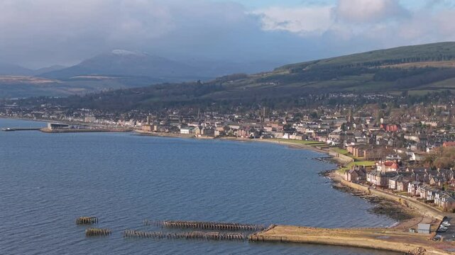 Aerial of Craigendoran derelict pier in Helensburgh Scotland with Ben mountain