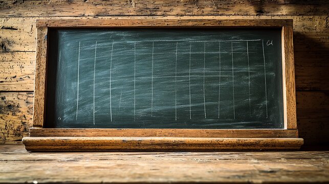 Vintage chalkboard on wooden surface, empty, classroom, education, use for teaching materials
