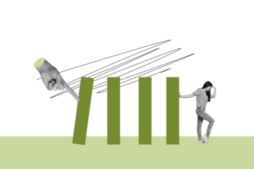 Composite trend artwork sketch image 3D photo collage of young lady hold hand on head smile stand at columns huge hands finger touch