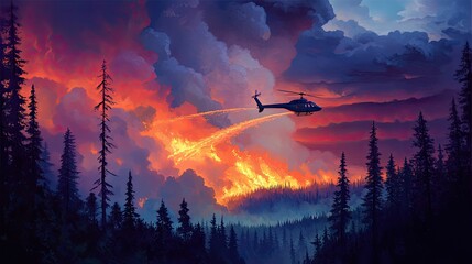 Forest fire; helicopter fighting flames; dramatic sunset.