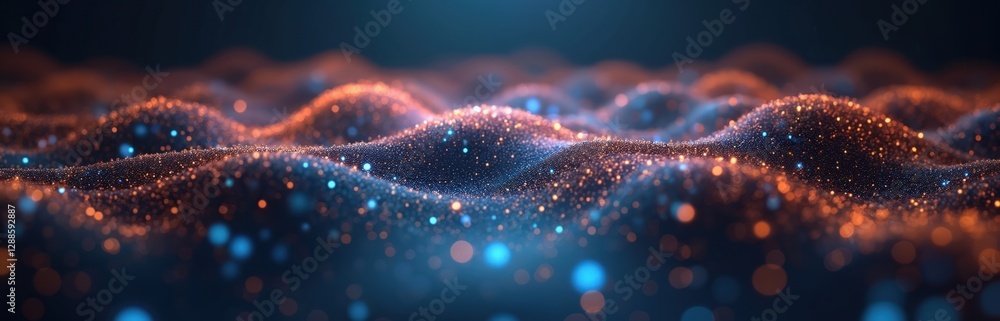 Poster abstract big data analysis background. luminous orange dots grid represents structure, complexity of