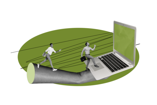 Artwork collage of black white effect arm hold laptop mini positive people run inside screen isolated on paper background