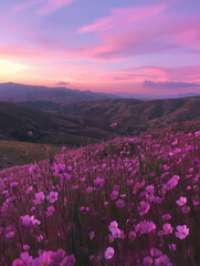 Obraz premium A field of beautiful purple-pink flowers, displaying the stunning hues of nature in full bloom.