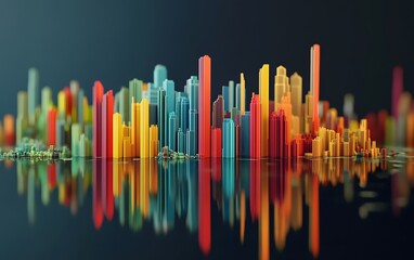 A vibrant, abstract representation of city skyscrapers in multiple colors. The artwork reflects modern urban life and innovation in architecture and design.