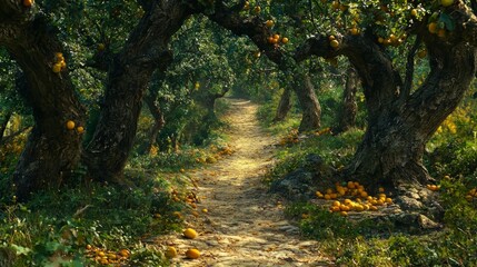 Serene Pathway Through Lush Orange Orchard in Bright Sunlight