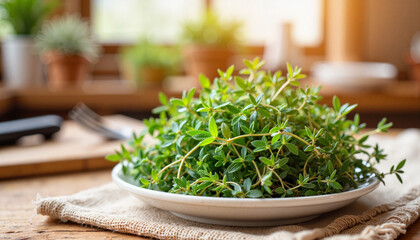 Fresh thyme on a white plate in a cozy kitchen. immunity, vegetarian, healthy food, medicine, treatment, for colds, oriental cuisine, oriental bazaar, farm