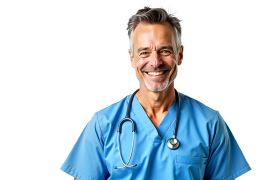 Smiling doctor portrait. Male nurse with stethoscope in blue scrubs. Healthcare professional, medical staff. Isolated on transparent background for medical & pharmaceutical uses.