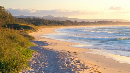 Serene Sunrise Over Tranquil Beach with Gentle Waves and Coastline