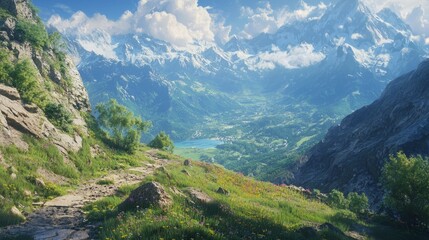 Fototapeta premium Stunning Mountain Landscape with Lush Greenery and Blue Sky