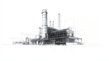 Obraz premium Hand drawn sketch of an industrial factory with tall chimneys and detailed structural framework in monochrome style