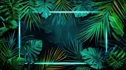 Tropical elegant frame arranged from exotic emerald leaves.