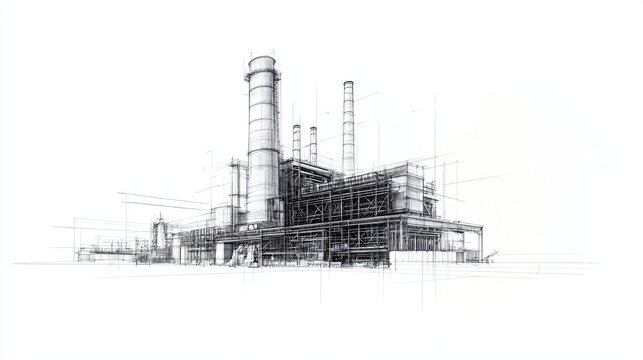 Hand drawn sketch of an industrial factory with tall chimneys and detailed structural framework in monochrome style