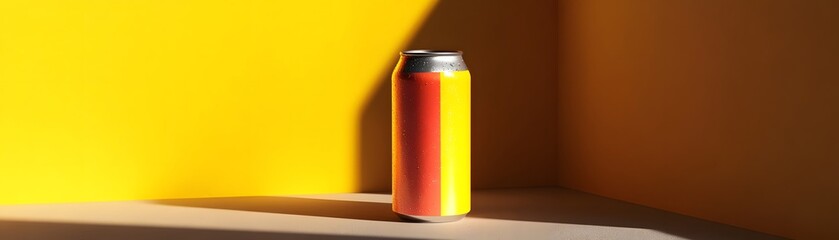 Fototapeta premium A vibrant can of beverage sits against a bright yellow background, showcasing modern design and appealing colors that attract attention.