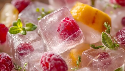 A vibrant close-up of ice cubes with fresh raspberries and mango pieces, elegantly garnished with herbs, perfect for refreshing summer drinks, showcasing colorful and appetizing de