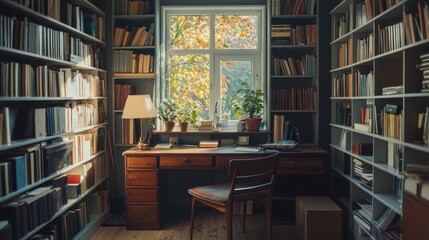 Cozy Home Library with Natural Light and Green Plants by Window
