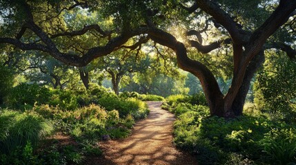 Naklejka premium Serene Nature Pathway Through Lush Green Forest and Sunlight