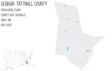 Large and detailed map of Tattnall County in Georgia, USA.