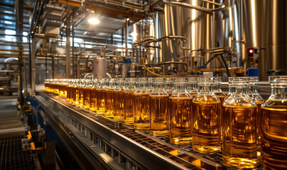 Glass bottles filled with sunflower and rapeseed oil move along an industrial conveyor. Modern oil production plant with stainless steel tanks.