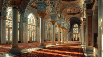 Obraz premium Sunlit Mosque Interior, Prayer Hall, Columns, Stained Glass, Peaceful