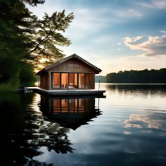 Fototapeta premium an AI Image Generator, Serene Lakeside Cabin Surrounded by Tranquil Nature