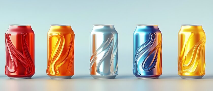 A vibrant display of colorful soda cans, showcasing a variety of refreshing beverages. Each can features unique designs, perfect for highlighting fun and enjoyment.