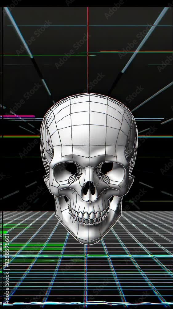 Poster a digital skull with glitch effects floats in a retro grid space. the low-angle view enhances the 80