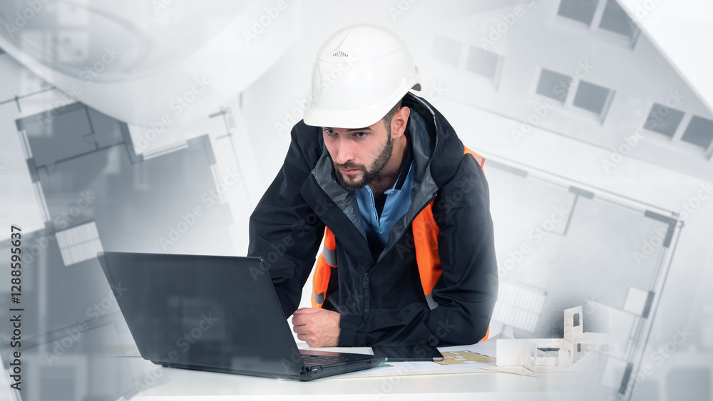 Poster man architect and designer. construction manager at table with laptop. architectural drawings behind