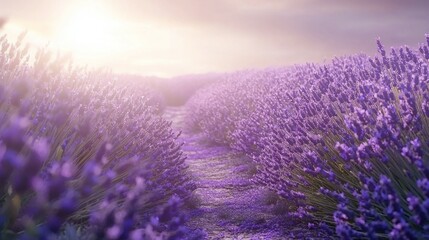 Fototapeta premium Serene Lavender Field with Pathway Under Soft Sunset Glow