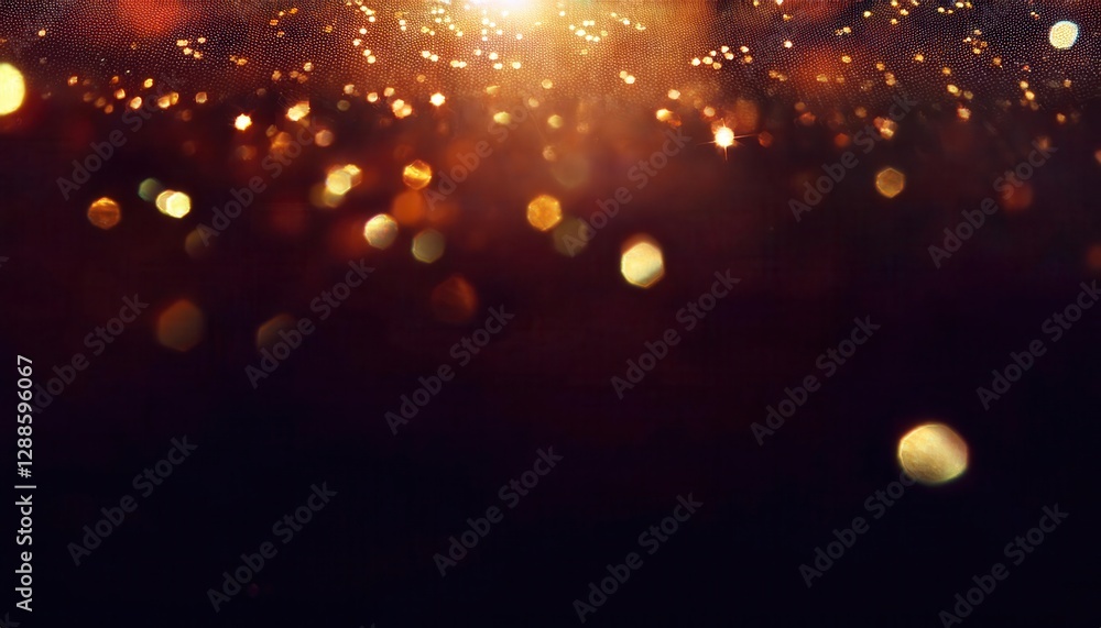 Poster glowing abstract golden bokeh with sparkles on dark background, creative light trails for decoration