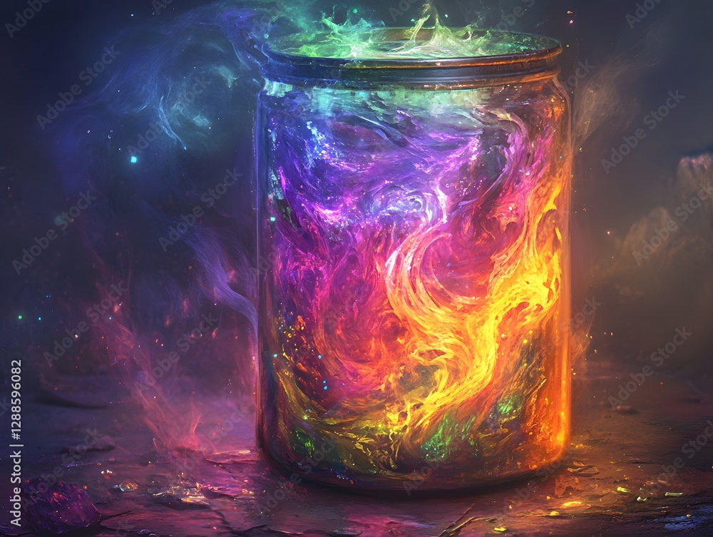 Poster a vibrant jar filled with swirling colors of light and energy, creating a mesmerizing display of hue