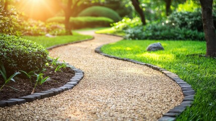 Serene Garden Pathway Surrounded by Lush Greenery in Soft Light