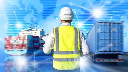 Man logistician has his back to camera. Ship and truck near transport dispatcher. Logistician in reflective vest. International logistics specialist. Maps of cargo delivery around world
