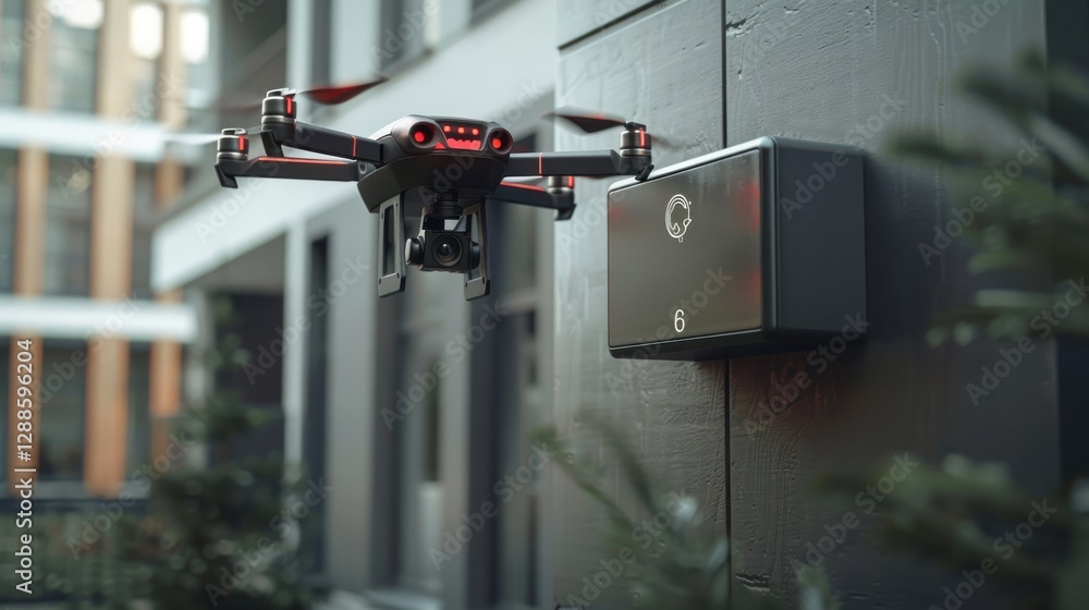 Poster drone delivery system in modern urban environment with mailbox and architectural elements