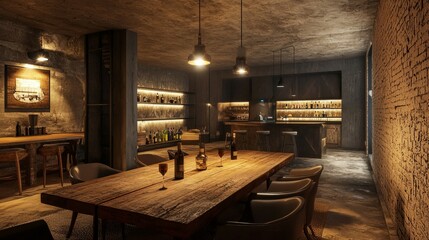 Modern Rustic Bar Interior with Ambient Lighting and Wooden Furniture