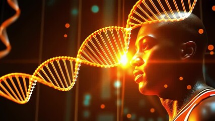 A basketball player gazing thoughtfully as DNA strands illuminate his profile against a vibrant backdrop - Powered by Adobe