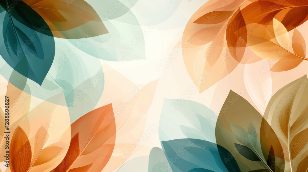 Poster soft colors and abstract shapes create serene pattern of leaves