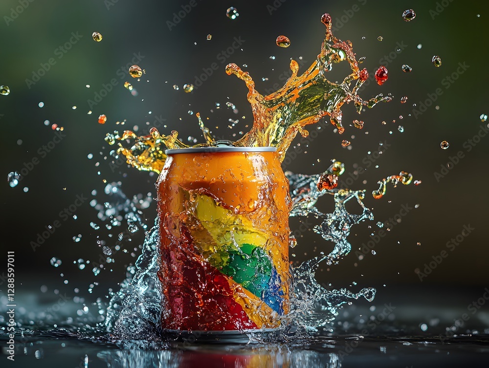 Poster a vibrant splash of orange soda occurs as the can opens, creating a refreshing visual explosion. ide