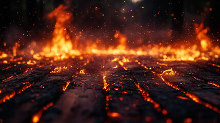 A dramatic close-up of flames consuming a wooden porch, with intricate details of charring and ash