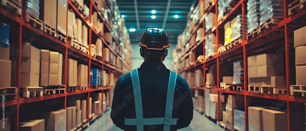 Aufkleber a worker stands in a spacious warehouse filled with neatly stacked boxes, highlighting the importanc